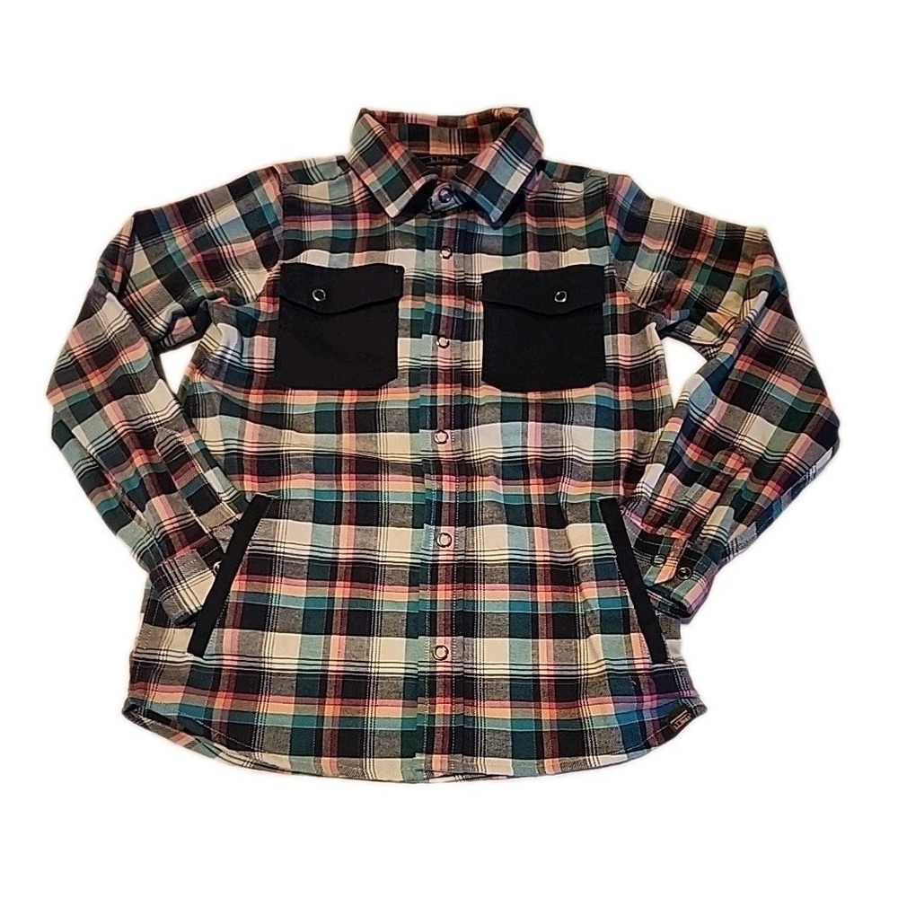 LL Bean Flannel Button Up Top Plaid Shacket Western Casual Pink Blue Girls 6X-7
